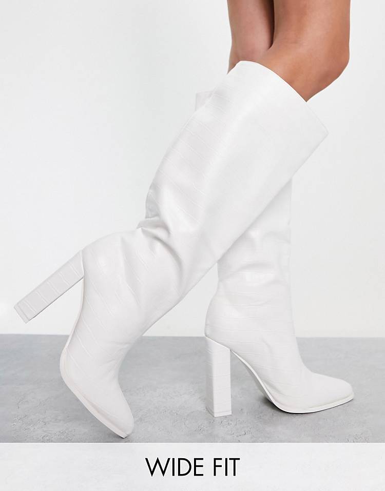 Public Desire Wide Fit Far Away knee high boots in white croc